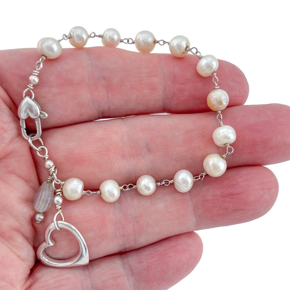 Vintage Sterling Silver 925 Pearl Heart Bracelet 7"